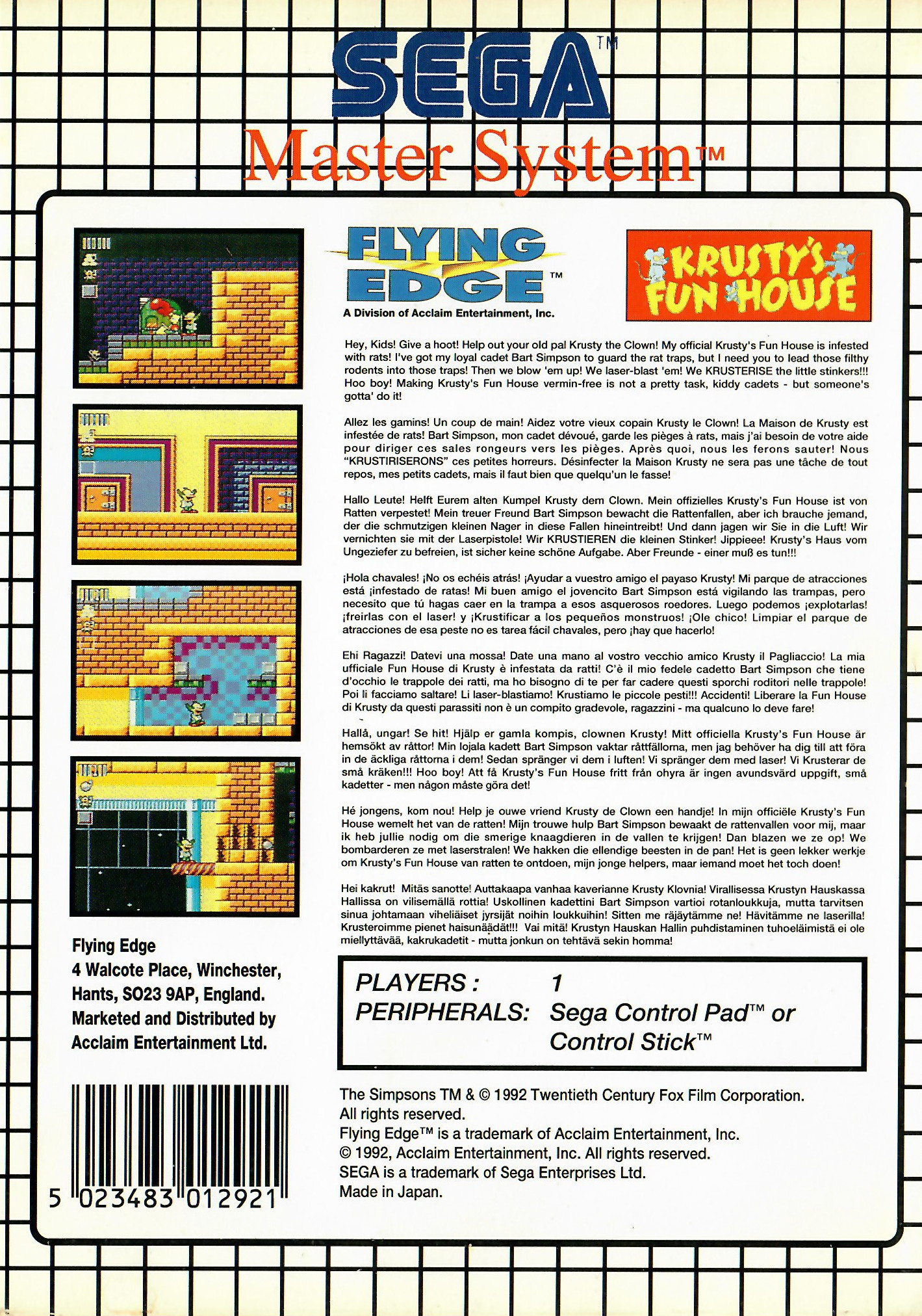 Krustys Fun House Sega Master System Krustys Fun House Sega Master System