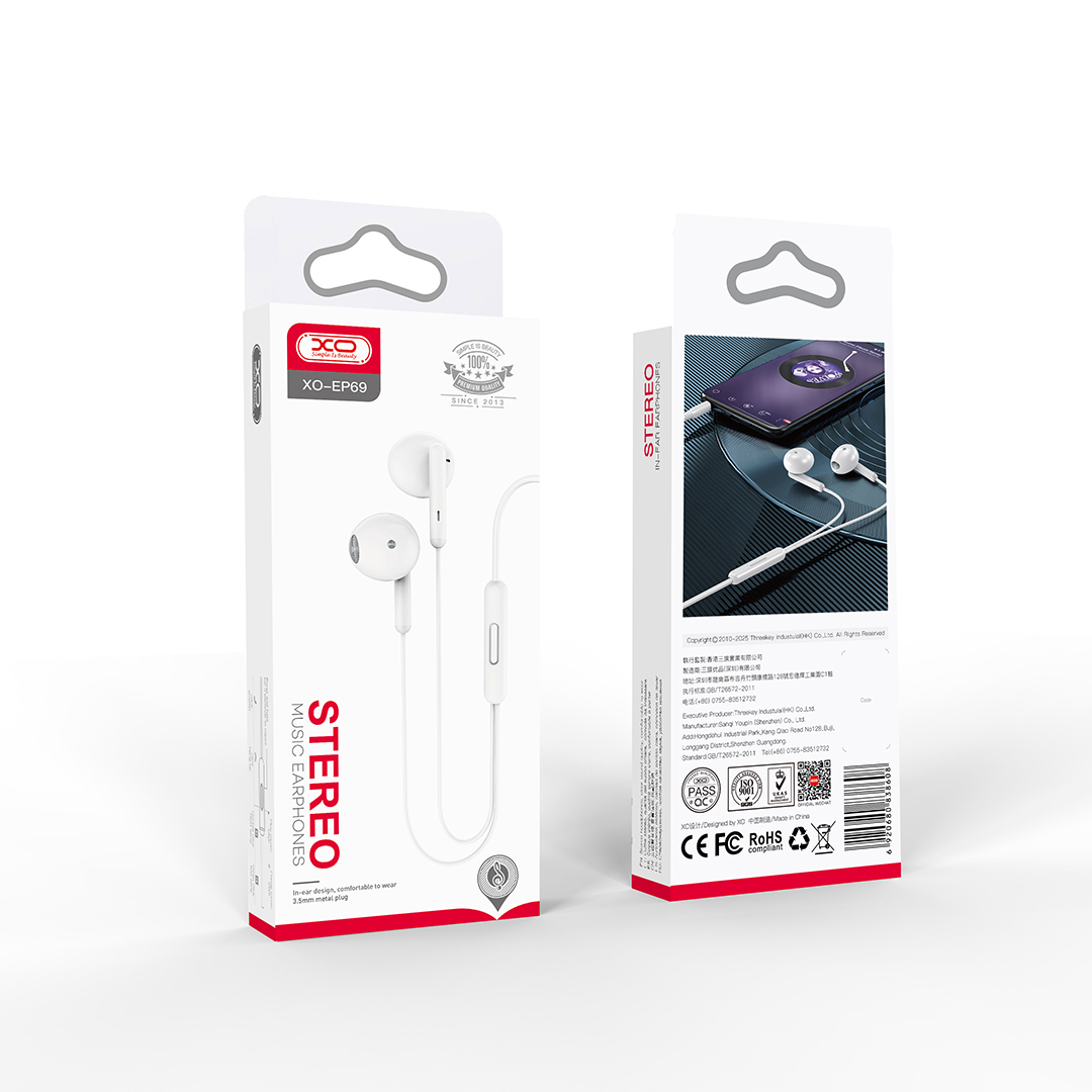 XO Wired Headset EP69 jack 3,5 mm White
