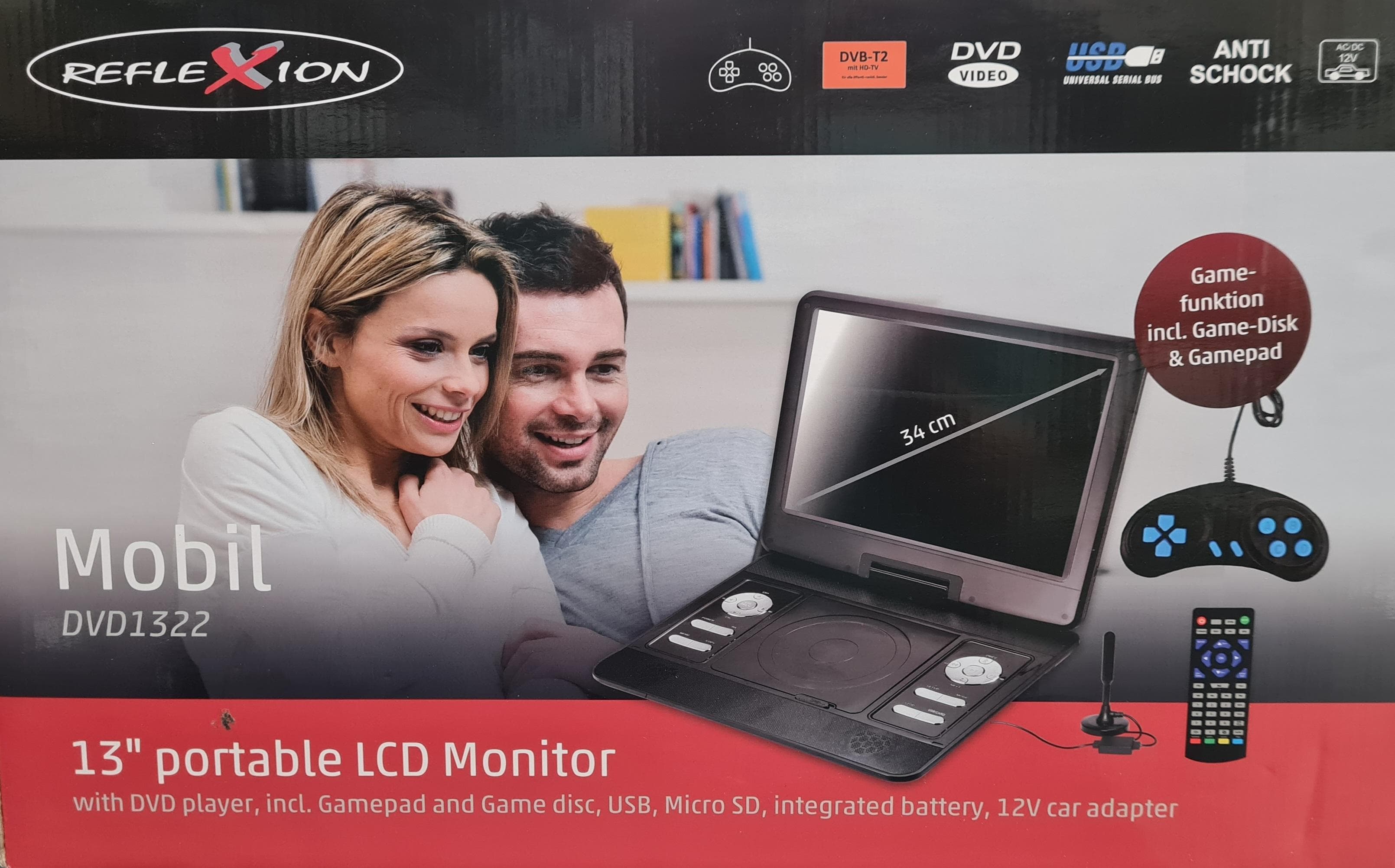 Reflexion Mobil 13'' Portable LCD Monitor DVD DVBT2 Gameplayser DVD1322
