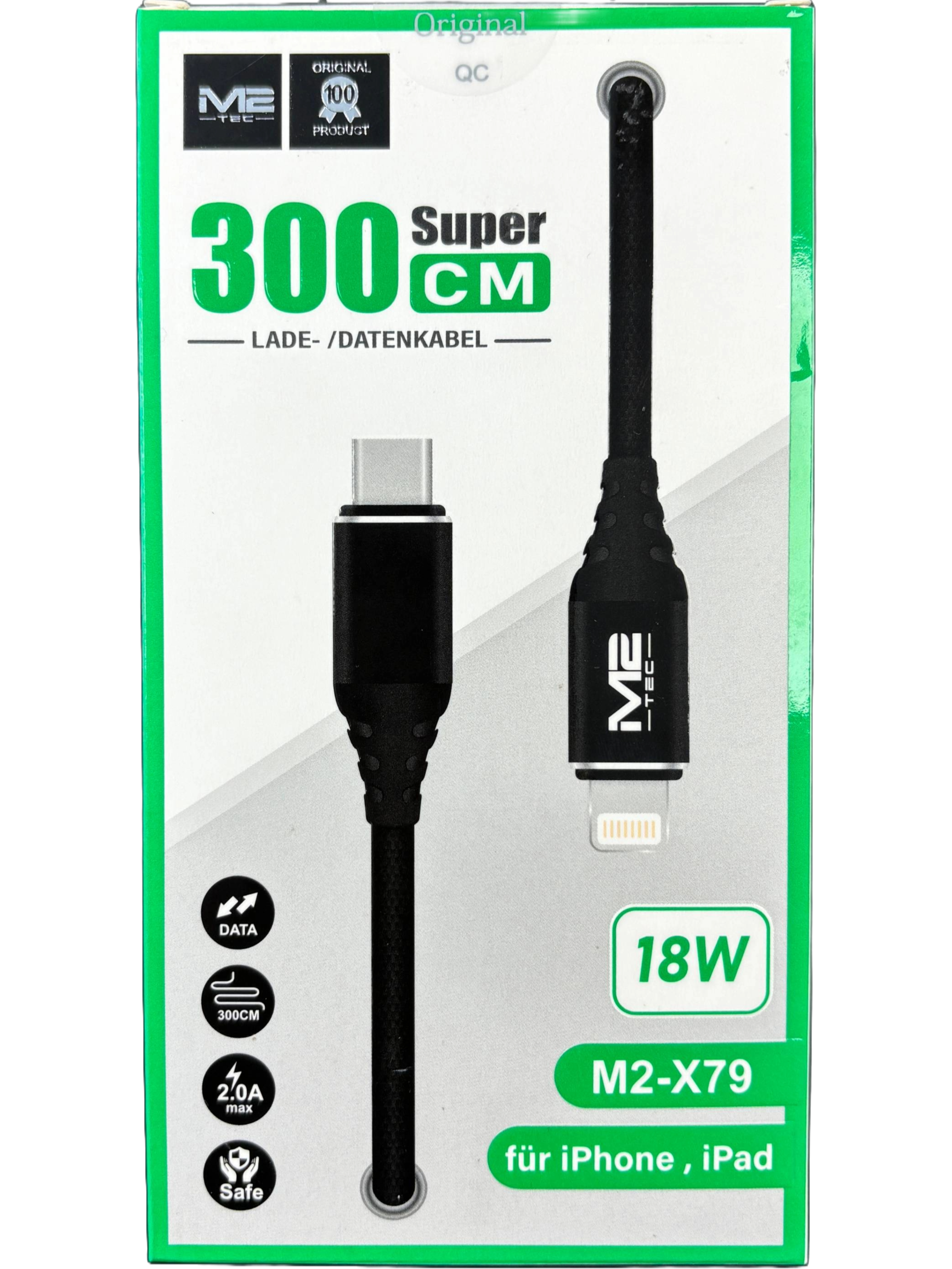 M2 Tec USB-C auf Lightning Kabel 3m Metall M2-X79