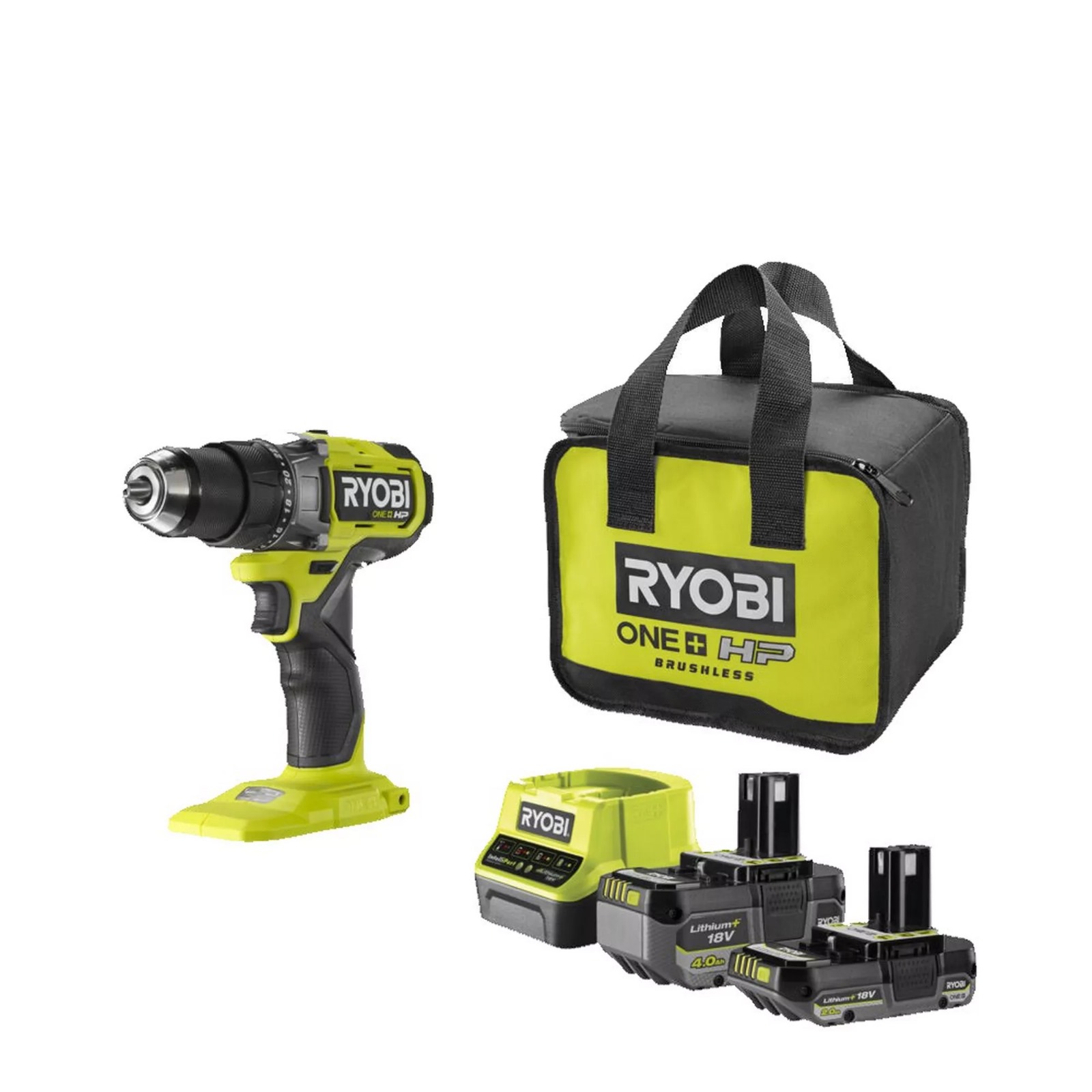 Ryobi 18V ONE+ Akku Schrauber R18DD4 + Ryobi 2.0Ah Akku RB18L20 + Ryobi 4.0Ah Akku RB18L40
